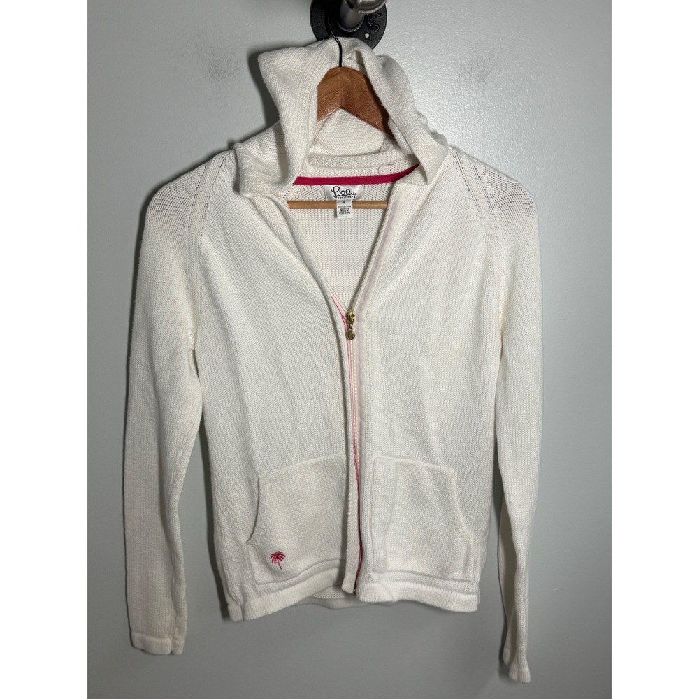Lilly Pulitzer White Cotton Knit Full Zip Hoodie Sweater Palm Tree Logo Small